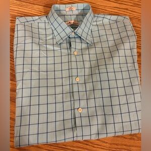 Peter Millar Crown Men’s Large Button Down Shirt Blue Green White Plaid Cotton